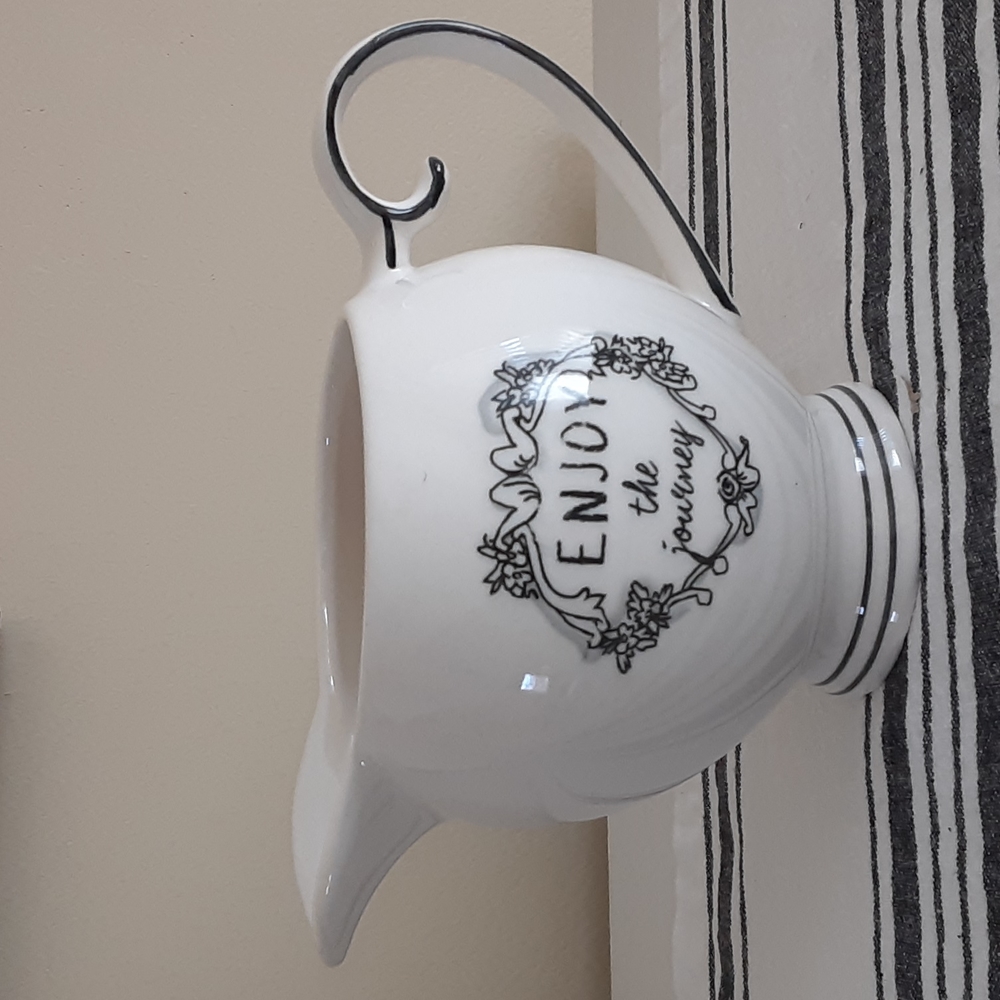 Katie Mandy Enjoy The Journey White Black Floral Flourish 14 oz Pitcher Creamer